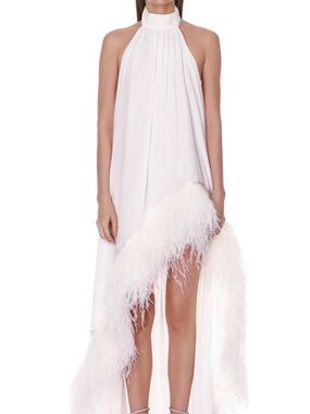 Bronx and Banco White Halter Asymmetrical Feather-Trim Dress
